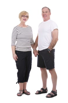 retired couple wearing casual outfits on white isolated background