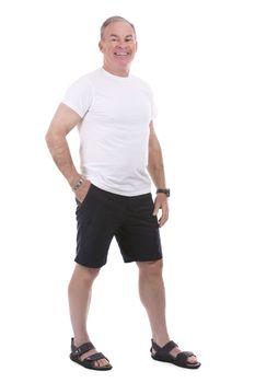 handsome caucasian man wearing summer outfit on white background