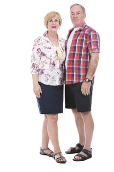 retired couple wearing casual outfits on white isolated background