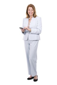 middle aged caucasian woman wearing business on white background