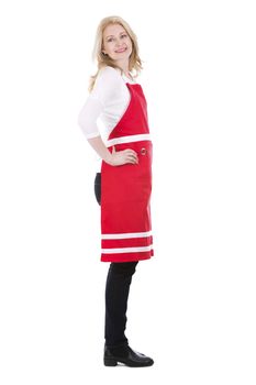 blond woman wearing red apron on white isolated background