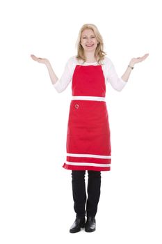 blond woman wearing red apron on white isolated background