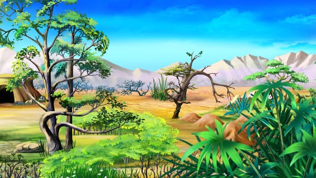 Digital painting of the African native plants in a summer day.