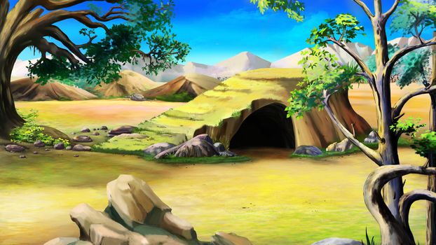 Digital painting of the Stone Cave in the African Bush at Day