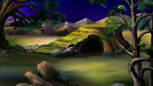 Digital painting of the African Savannah at  night with stone rock and acacia tree. Panorama.