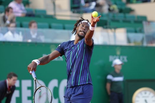 MONACO, Monte-Carlo : France's Gael Monfils hits a return to Spain's Marcel Granollers during the Monte-Carlo ATP Masters Series Tournament tennis match, on April 15, 2016 in Monaco. 