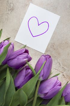 Purple tulips and card with heart shape