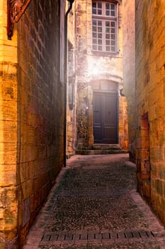 Deserted Street in the French Medieval City at Night, Vintage Style Toned Picture 