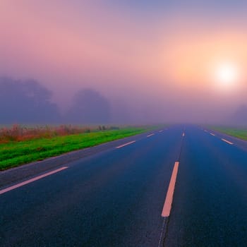 Asphalt Road in the Morning Mist, Toned Picture