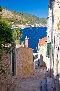 Narrow streets of Vis island vertical view, Dalmatia, Croatia