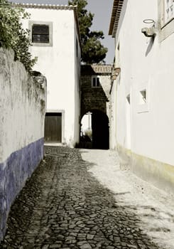 Narrow Street in the Medieval Portuguese City of Obidos, Vintage Style Toned Picture
