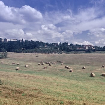 Italy Landscape with Many Hay Bales, Vintage Style Toned Picture 