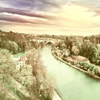 Aerial View  of the City of Berne and River Aare at Sunset, Vintage Style Toned Picture