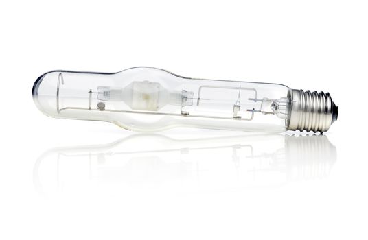 400W E40 metal halide lamp bulb isolated on white with reflection.