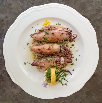 Delicius squid stuffed with rice and lemon