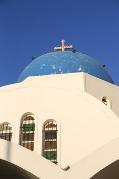 A white church in the capital Fira of Santorini, Greece