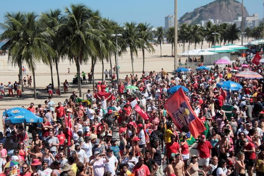 BRAZIL, Rio de Janeiro: Thousands of protesters marched at a rally at Copacabana Beach in Rio de Janeiro, Brazil on April 17, 2016, against the impeachment of President Dilma Rousseff. Rousseff faces an impeachment vote today over charges of manipulating government accounts. Brazil's lower house is voting on whether to continue impeachment proceedings. 342 out of 513 votes are needed to continue the proceedings to the upper house.