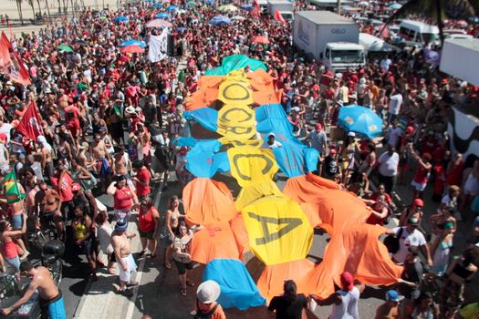 BRAZIL, Rio de Janeiro: Thousands of protesters marched at a rally at Copacabana Beach in Rio de Janeiro, Brazil on April 17, 2016, against the impeachment of President Dilma Rousseff. Rousseff faces an impeachment vote today over charges of manipulating government accounts. Brazil's lower house is voting on whether to continue impeachment proceedings. 342 out of 513 votes are needed to continue the proceedings to the upper house.