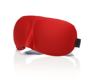 Red sleep mask isolated on white with reflection.