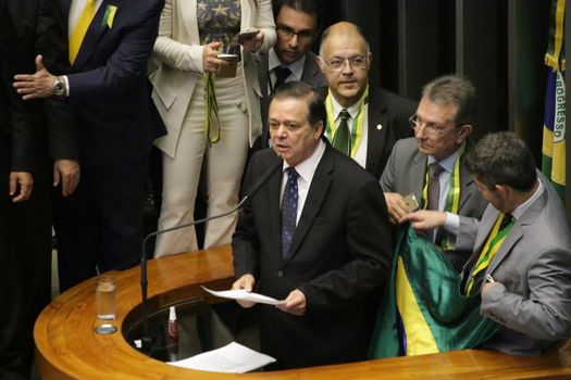 BRAZIL, Brasilia: Mr. Jovair Arantes opens the impeachment proceedings arguing there are very serious facts, which violate the Constitution” on April 17, 2016.Brazil's lower house is voting on whether to continue impeachment proceedings. 342 out of 513 votes are needed to continue the proceedings to the upper house.