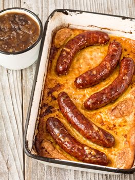 close up of rustic english pub grub toad in the hole