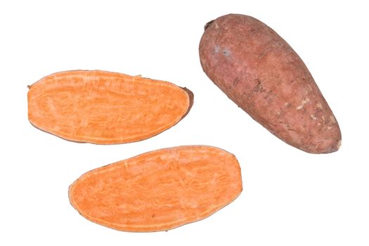Cut sweet potatoe isolated on white background