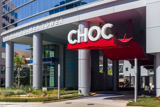 ORANGE, CA/USA - APRIL 16, 2016: Children's Hospital of Orange County exterior and logo. CHOC is a pediatric children's hospital in California.