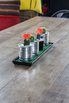 Cactus on wood table background