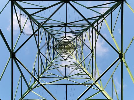 steel structure of transmission tower, bottom up view