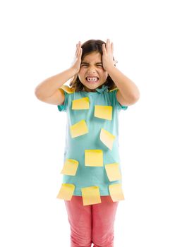 Stressed young girl with yellow notes sticked all over the body