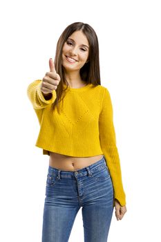 Beautiful and happy woman with thumbs up, isolated over white background 