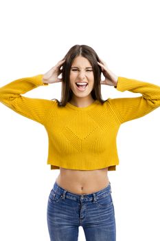 Portrait of a stressed young girl yelling