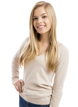 Portrait of a beautiful teenage girl, isolated in white background