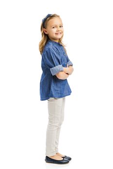 Studio portrait of a cute blonde girl, isolated in white background