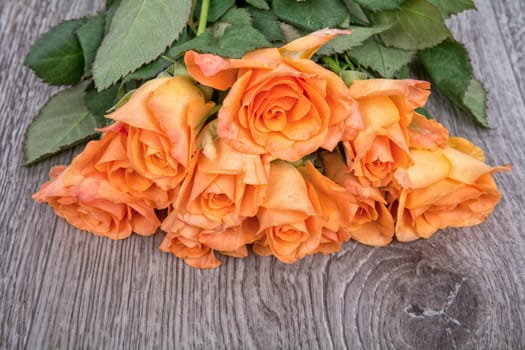 Orange roses on a grey wooden background