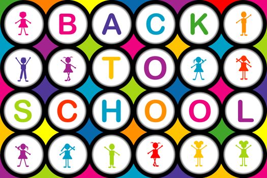 BACK TO SCHOOL colorful background with round shapes and cartoon kids