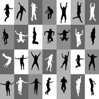 Retro background in squares with people silhouettes jumping