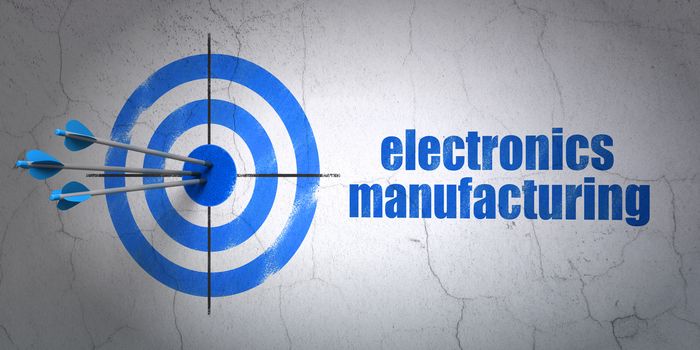 Success Manufacuring concept: arrows hitting the center of target, Blue Electronics Manufacturing on wall background, 3D rendering