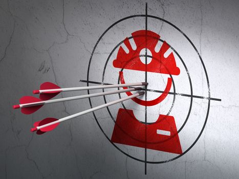 Success Industry concept: arrows hitting the center of Red Factory Worker target on wall background, 3D rendering