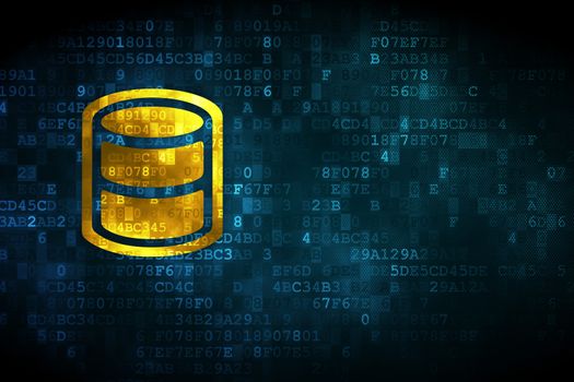 Software concept: pixelated Database icon on digital background, empty copyspace for card, text, advertising