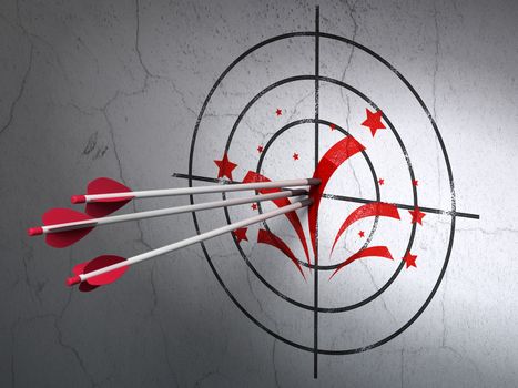 Success holiday concept: arrows hitting the center of Red Fireworks target on wall background, 3D rendering