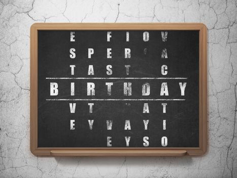 Entertainment, concept: Painted White word Birthday in solving Crossword Puzzle on School board background, 3D Rendering