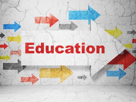 Education concept:  arrow with Education on grunge textured concrete wall background, 3D rendering