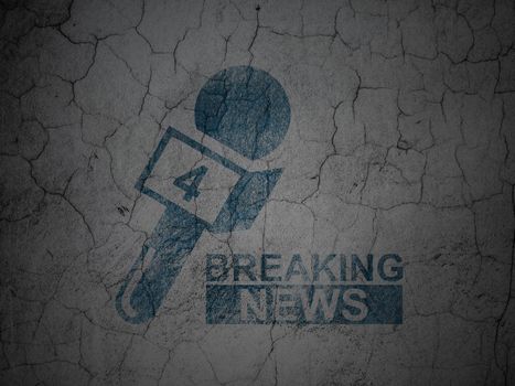 News concept: Blue Breaking News And Microphone on grunge textured concrete wall background