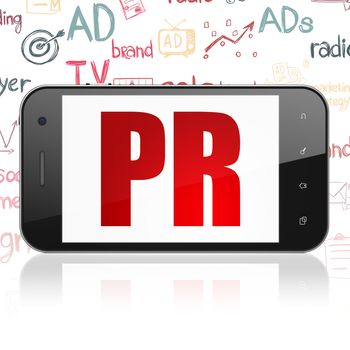 Marketing concept: Smartphone with  red text PR on display,  Hand Drawn Marketing Icons background, 3D rendering