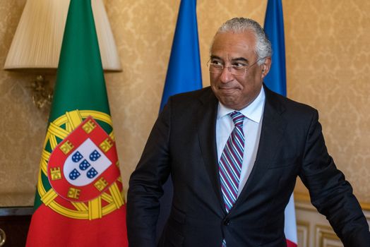 FRANCE, Paris : Portuguese Prime minister Antonio Costa attends a press conference at the Hotel Matignon on April 18, 2016 in Paris. 