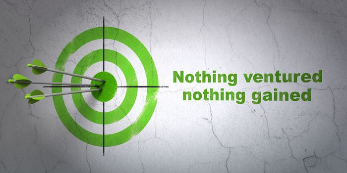 Success finance concept: arrows hitting the center of target, Green Nothing ventured Nothing gained on wall background, 3D rendering