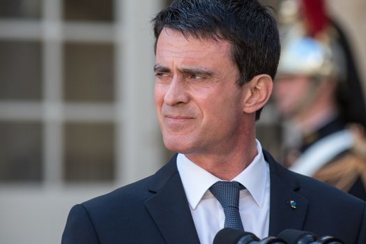 FRANCE, Paris : French Prime Minister Manuel Valls attends a press conference at the Hotel Matignon on April 18, 2016 in Paris. 