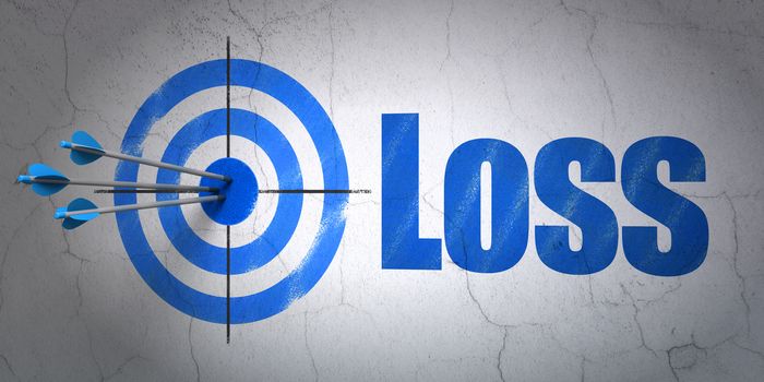 Success finance concept: arrows hitting the center of target, Blue Loss on wall background, 3D rendering