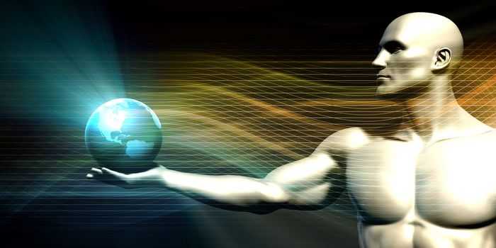 Futuristic Background with Businessman and Globe in Hands